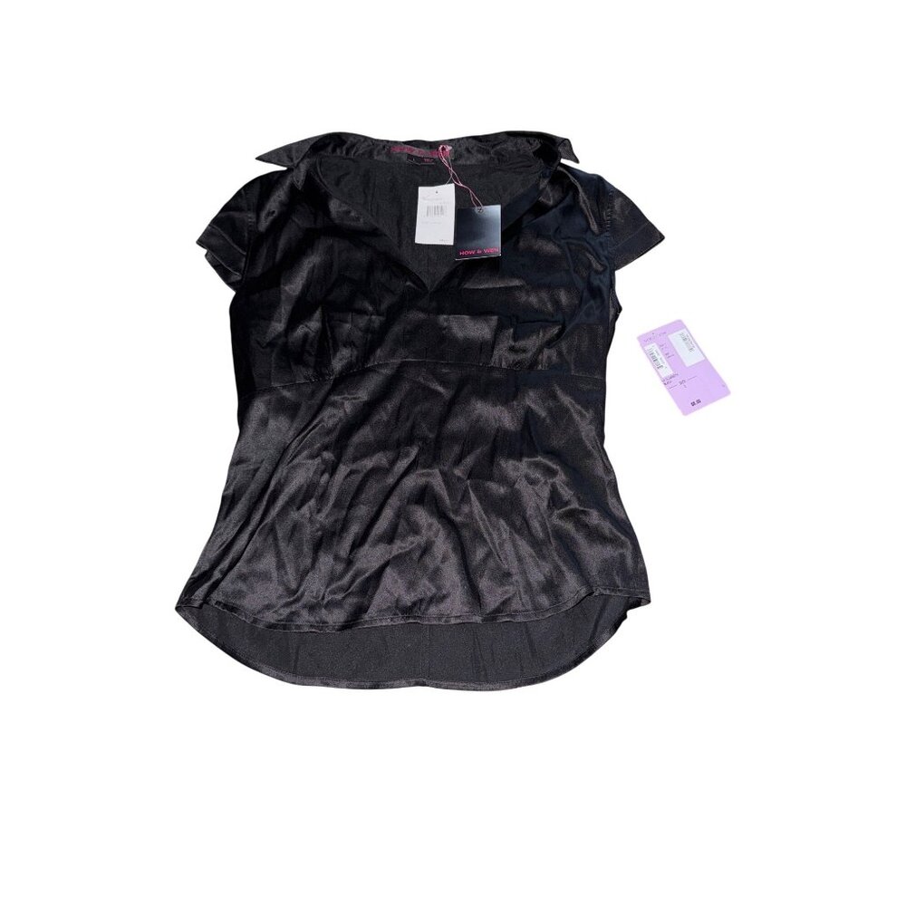 How & Wen Black Satin Short Sleeve Blouse Size Large Nordstrom Tag Womens Wear
